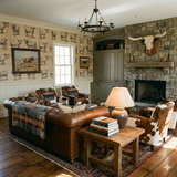 Ledger cattle etchings wallpaper with animal pattern, on a living room wall with wainscoting and window.
