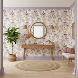 Floral wallpaper with violet accents, decorated with ribbon details.