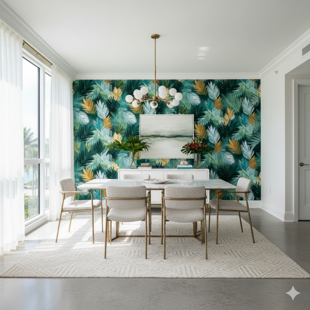 Palm wallpaper with leafy design against a light-filled dining room setting.