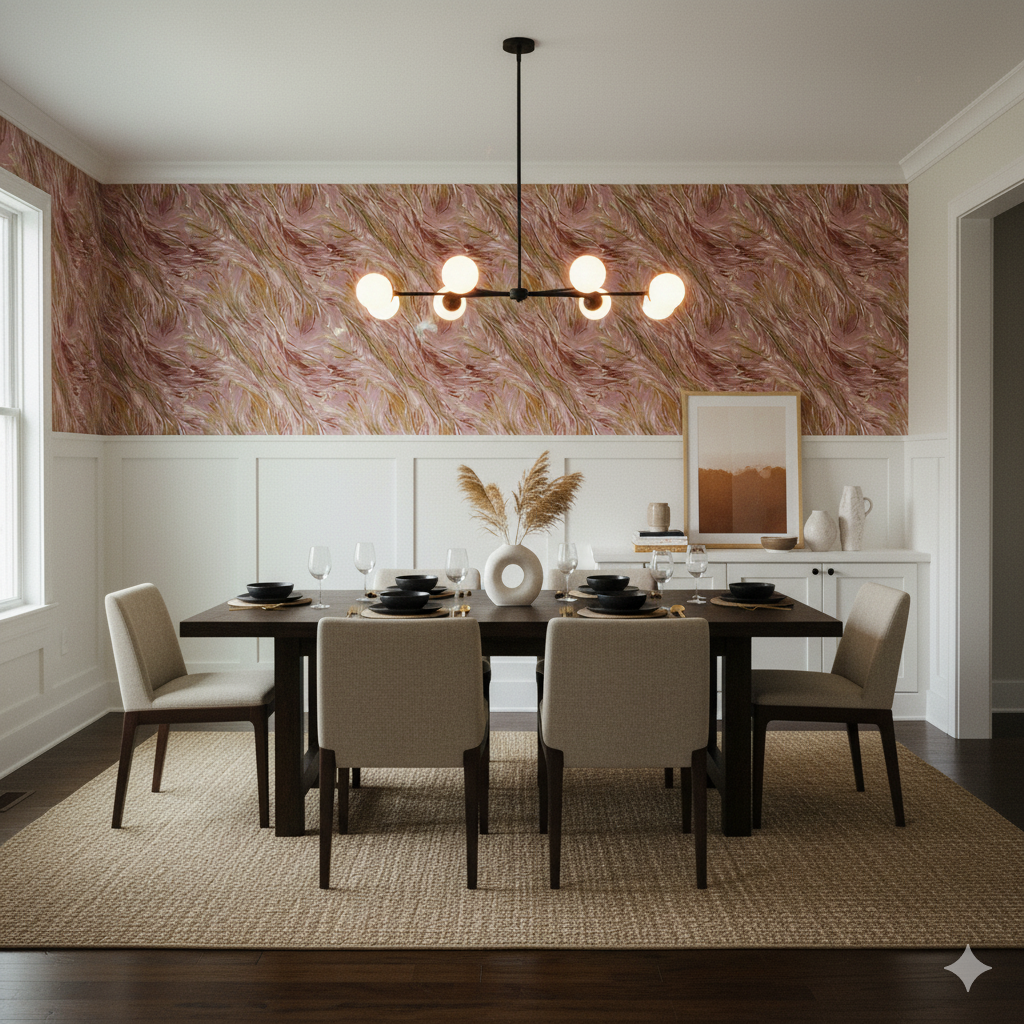 Rosette Vale Wallpaper with a rose and gold swirling design, covering the upper wall above white panelling in a dining room.