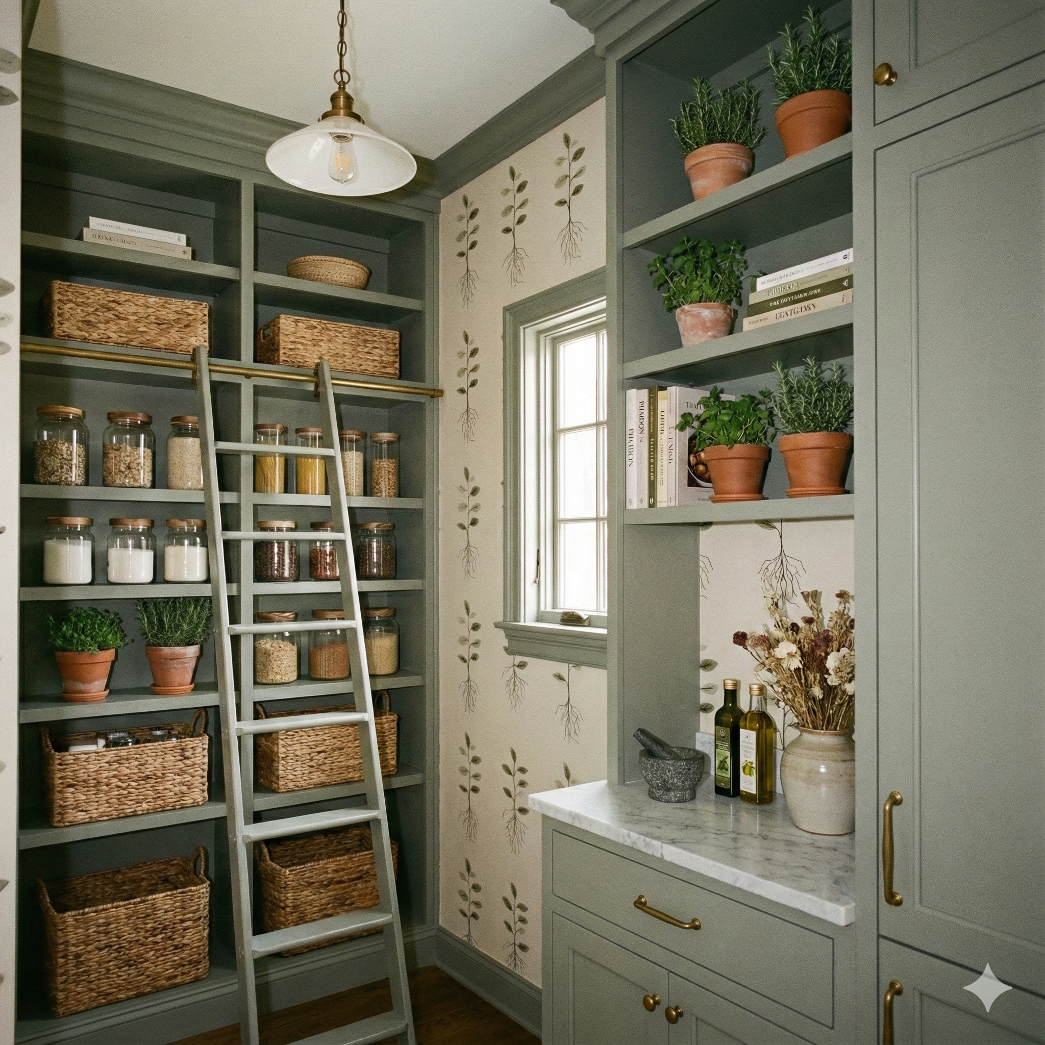 Rootbound Ledger Wallpaper with sprig and root pattern on a light neutral background.
