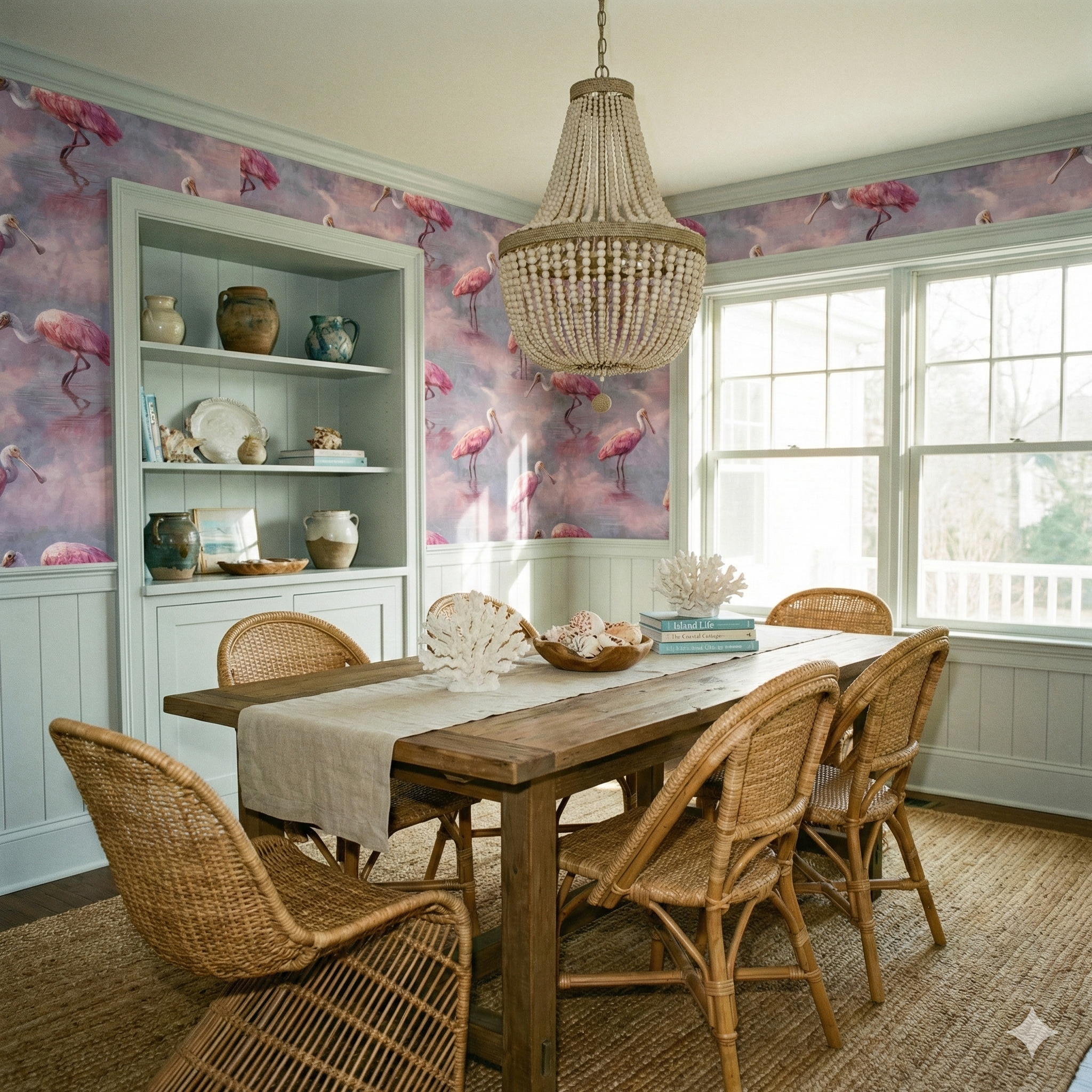 Rose Mirage wallpaper with a floral pattern, in a dining room setting, showing pink birds on a lavender background.
