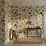 Skyward Flight wallpaper with a bird pattern on a light yellow background.