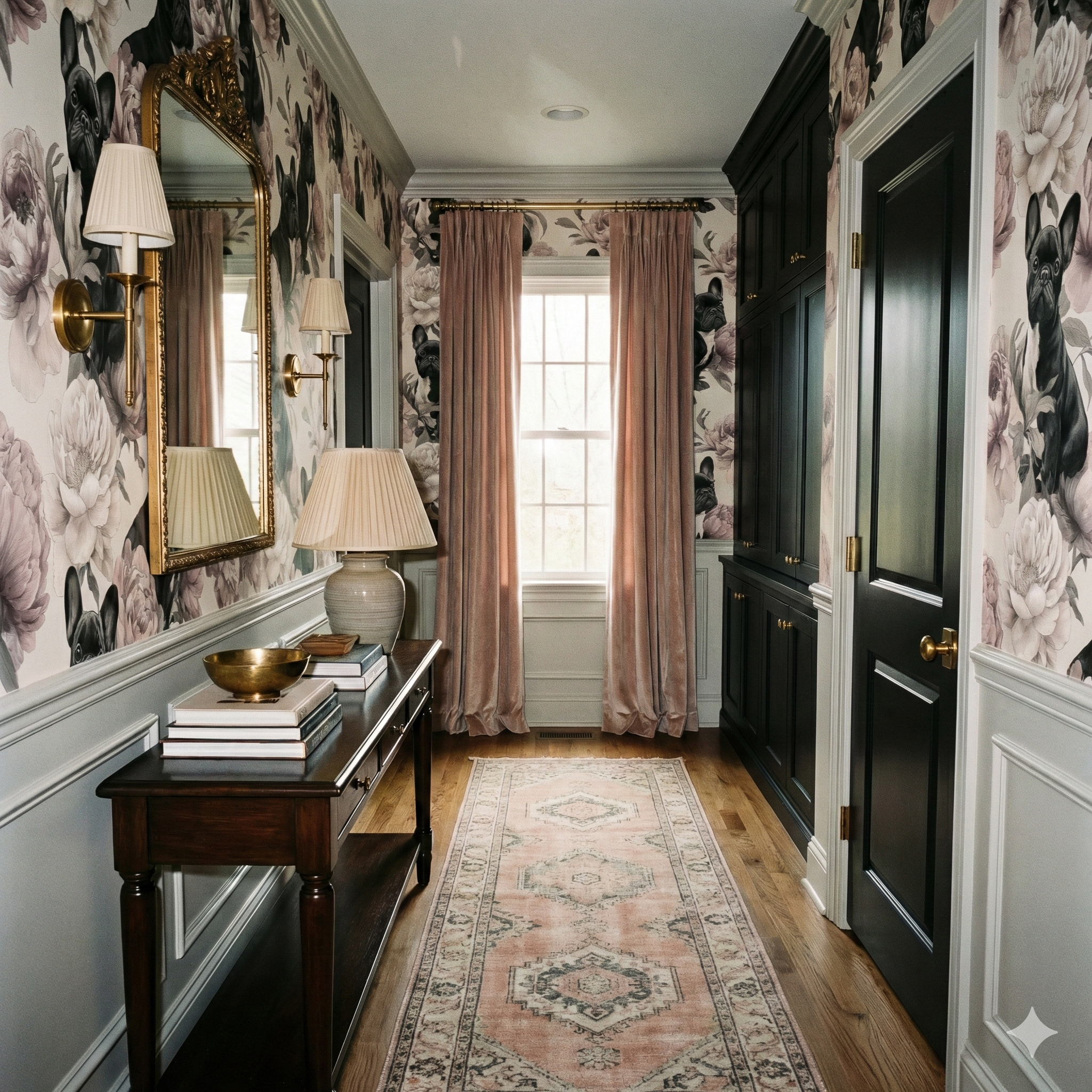 Floral wallpaper with dog design, from Boulevard François, in a hallway with wood flooring and pink rug.