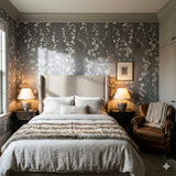 Bloom cascade wallpaper with silverling pattern, from Brewster Home Fashions, in bedroom interior setting.