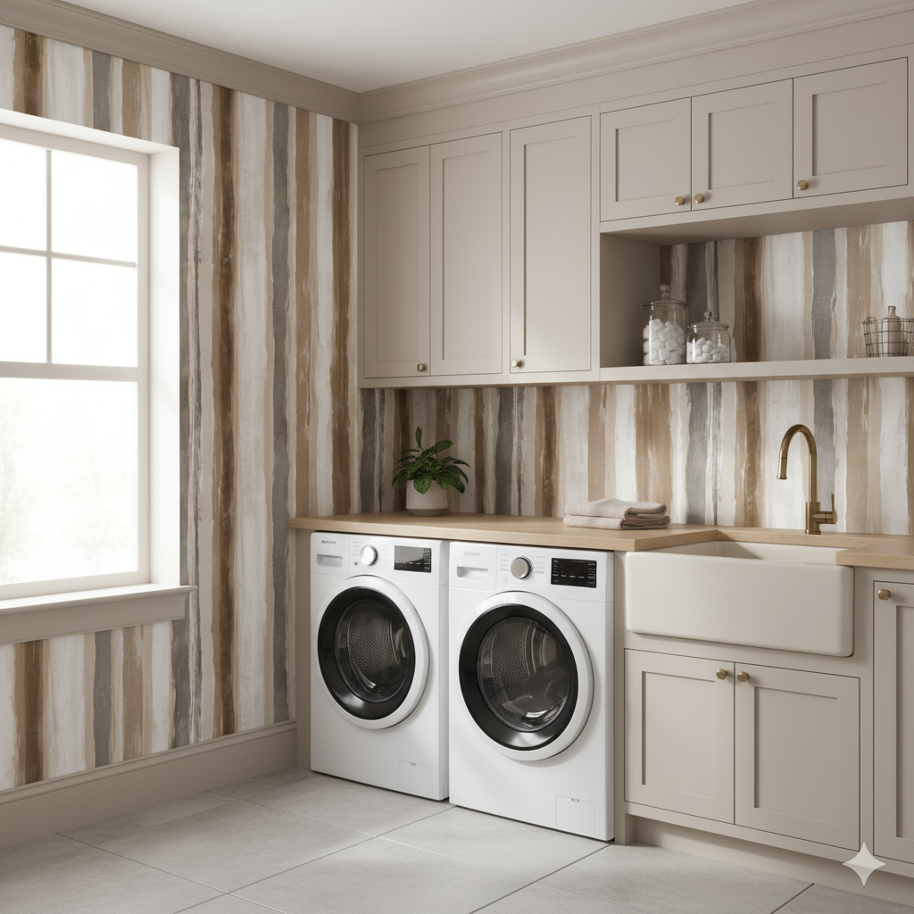 Striped Canyon Wash Wallpaper with vertical pattern on the laundry room wall.