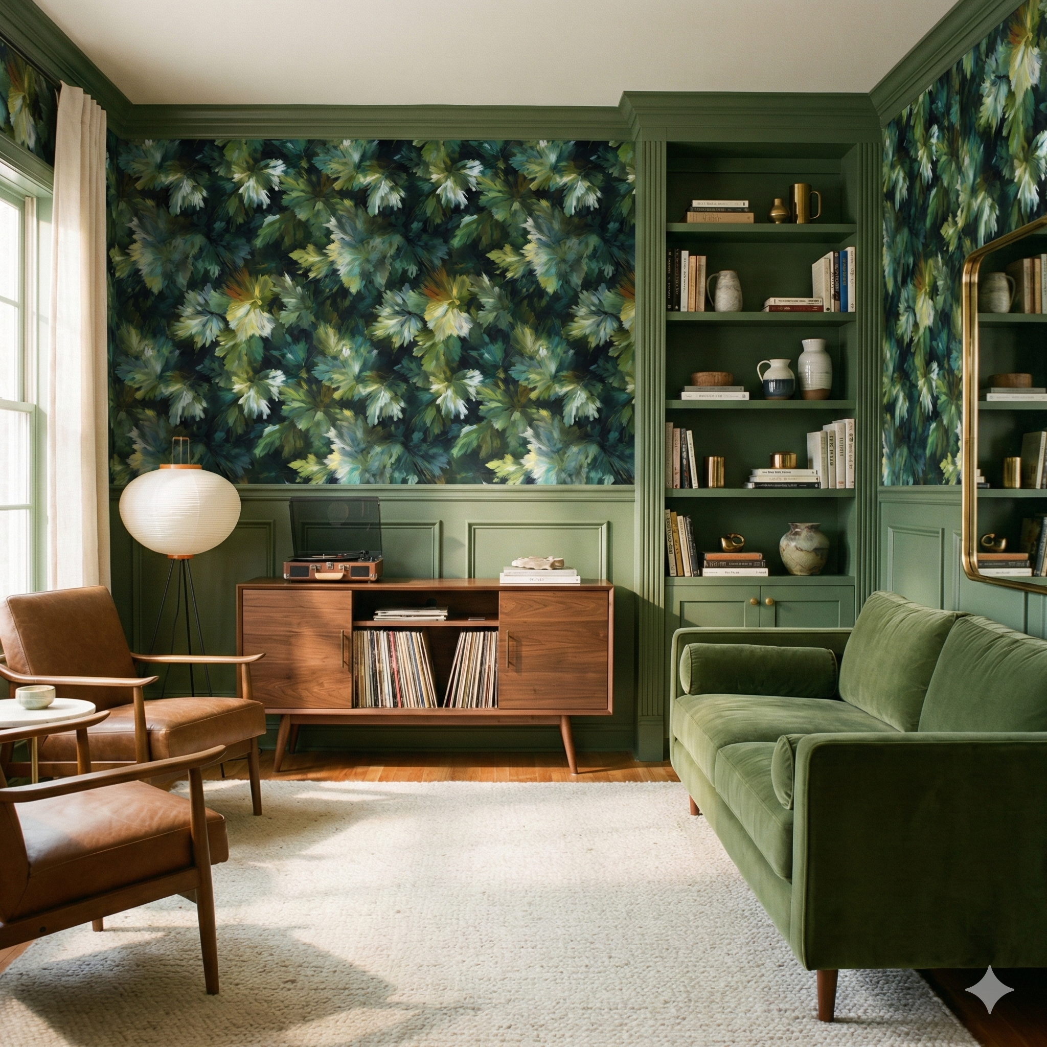 Fernvale Draft wallpaper with a painterly leaf pattern on a dark green background.
