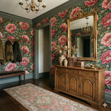 Rose Pavilion Tangle Wallpaper with floral pattern, displayed on the walls of an entryway.