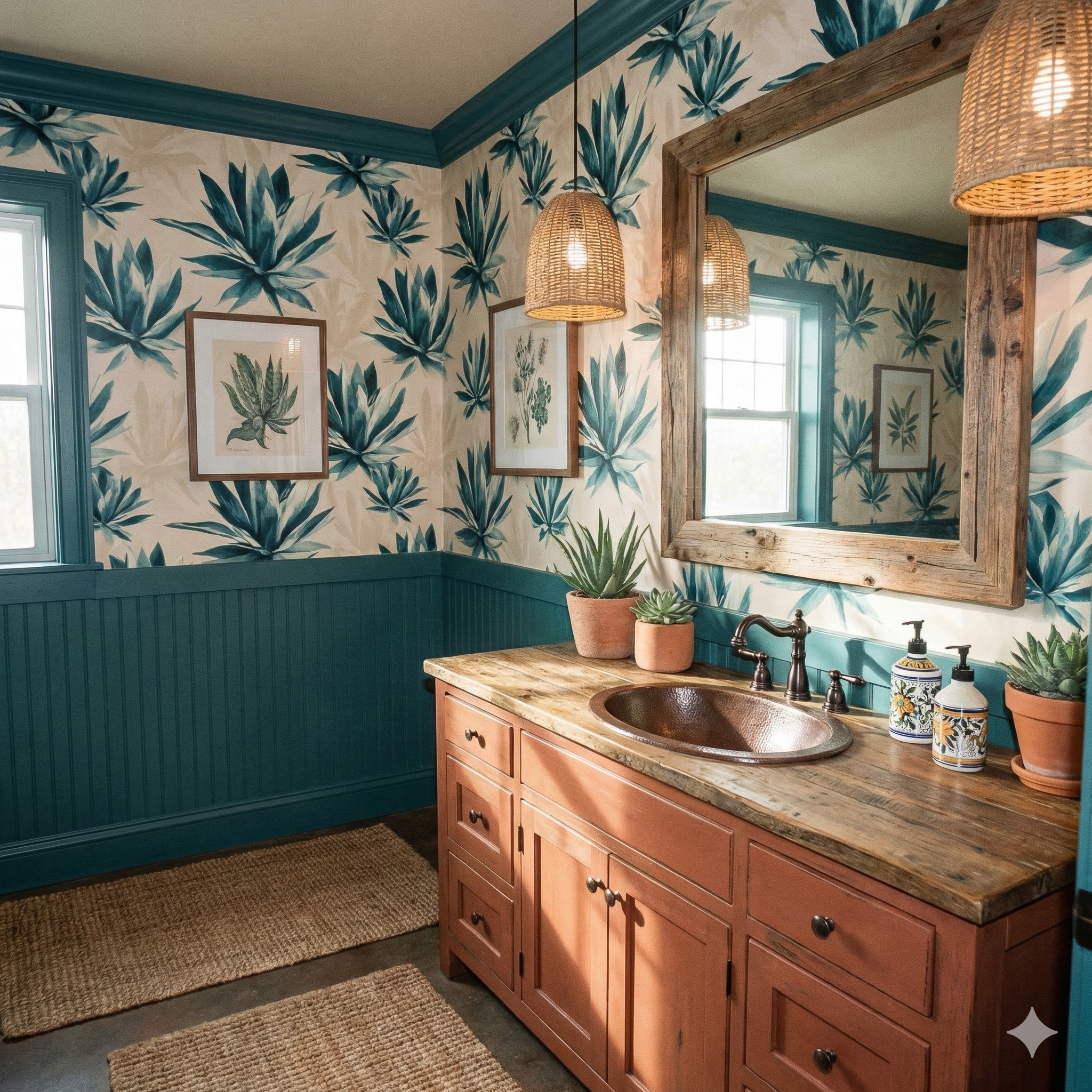 Agave Oasis Wallpaper with blue agave leaf pattern on a cream background.
