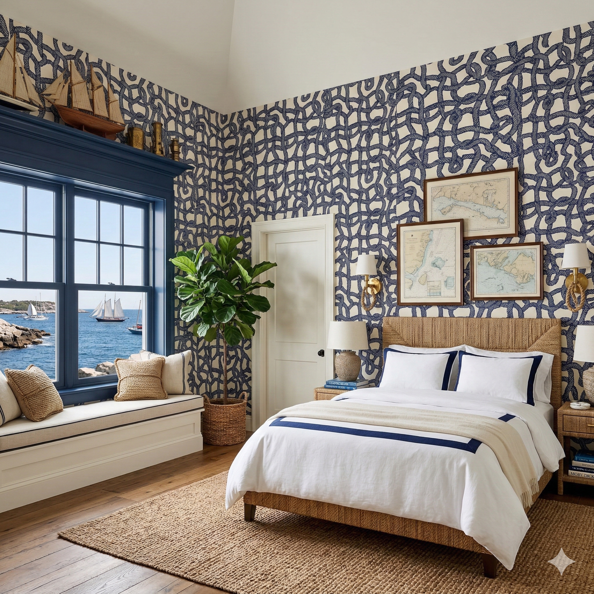 Mariner's Knot wallpaper with blue rope pattern on white background covering a bedroom wall.