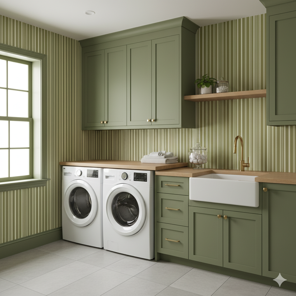 Mossline Wallpaper with a green striped pattern, creating a vintage aesthetic on the walls.