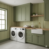 Mossline Wallpaper with a green striped pattern, creating a vintage aesthetic on the walls.