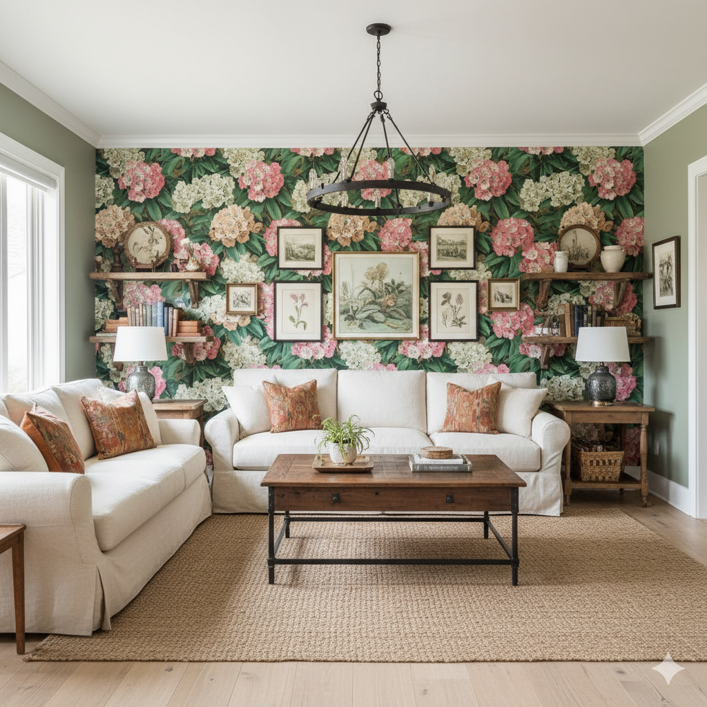 Floral blush boughs wallpaper with pink and white hydrangeas, positioned in a living room setting.
