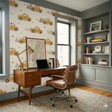 Yellow taxi wallpaper with illustrative pattern, featuring yellow cab car design and tan polka dots.

