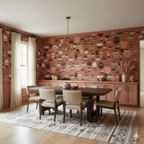 Vase pattern wallpaper from Terra Museo, covering walls in a terracotta-toned room with wooden trim.
