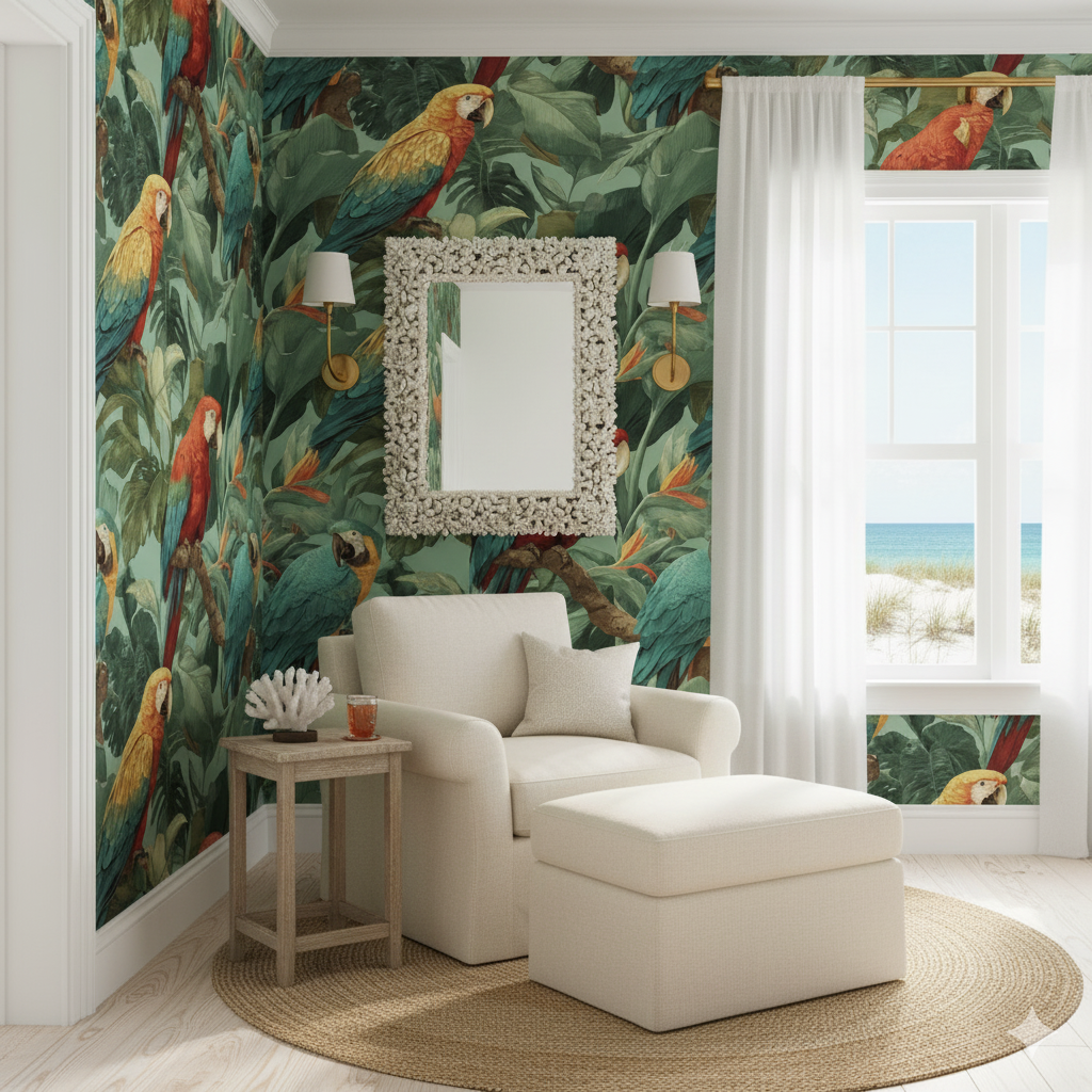 Crimson Chorus Wallpaper with tropical parrot pattern in a bright, verdant indoor setting.