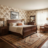 Chestnut Trail wallpaper with a horse head pattern, covering the walls of a traditional bedroom.
