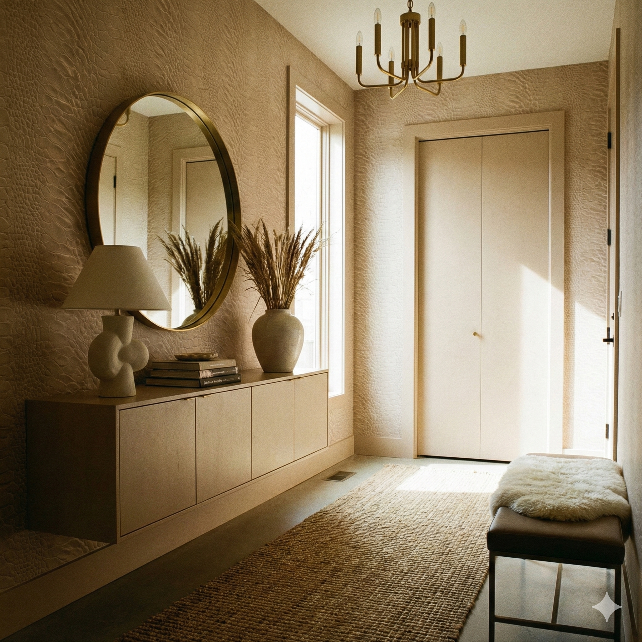 Sandstone hide wallpaper with an alligator-skin pattern, covering the walls of a warmly decorated hallway with a rug and a bench.
