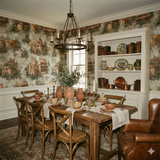 Roma Antiqua Wallpaper with Colosseum pattern, adorning a traditionally styled dining room with wooden furniture and leather armchair.
