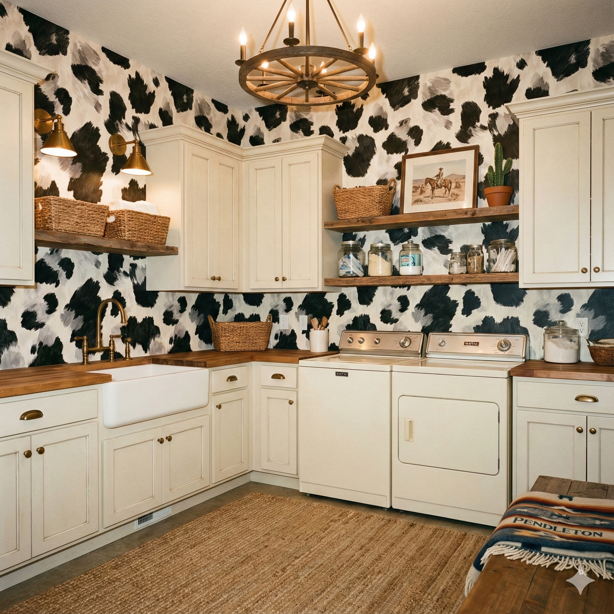 Oxenveil Wallpaper with a cow print pattern, covering the laundry room walls behind the white cabinets.
