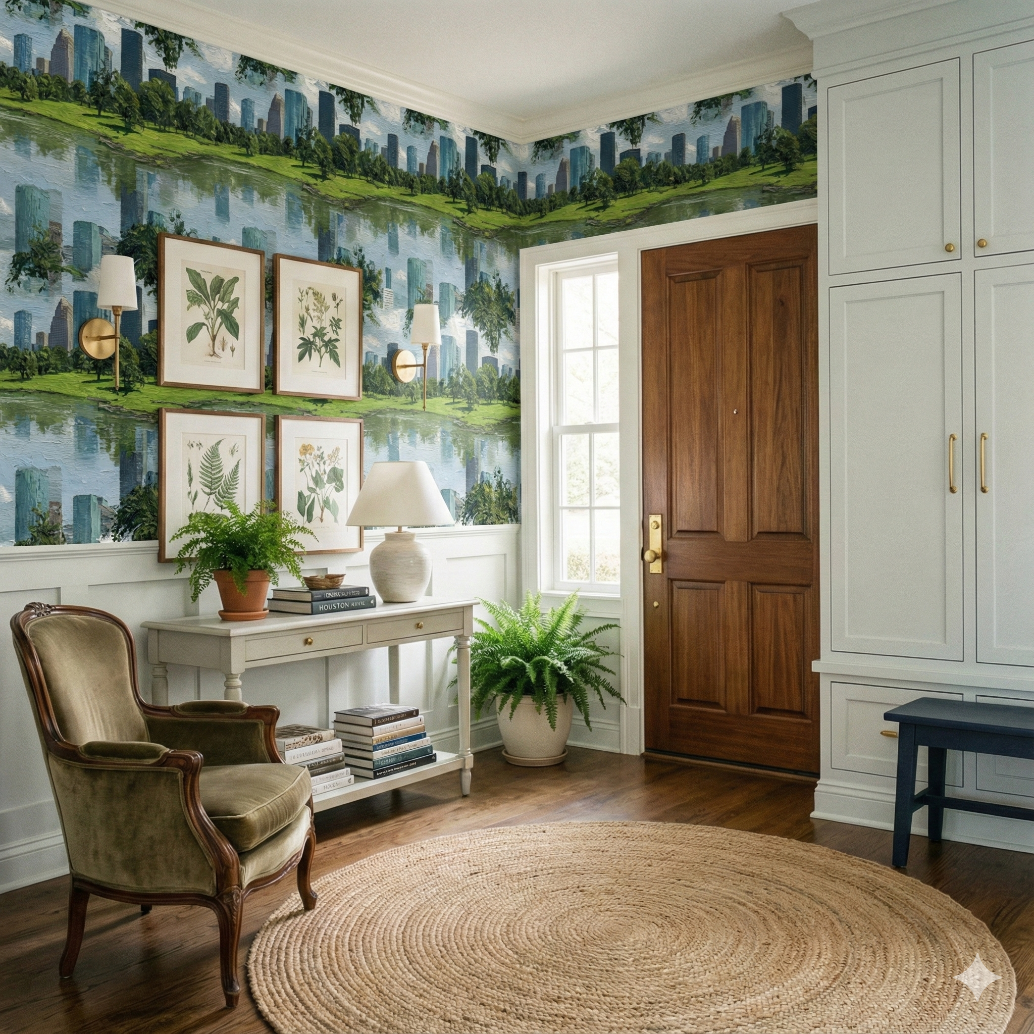 Landscape patterned wallpaper by Bayou Glassline, showcasing a city skyline reflecting on a lake, with botanical prints on the wall.
