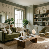 Botanical wallpaper with sprout pattern, rootbound ledger design featuring green leaves, and brown stems.