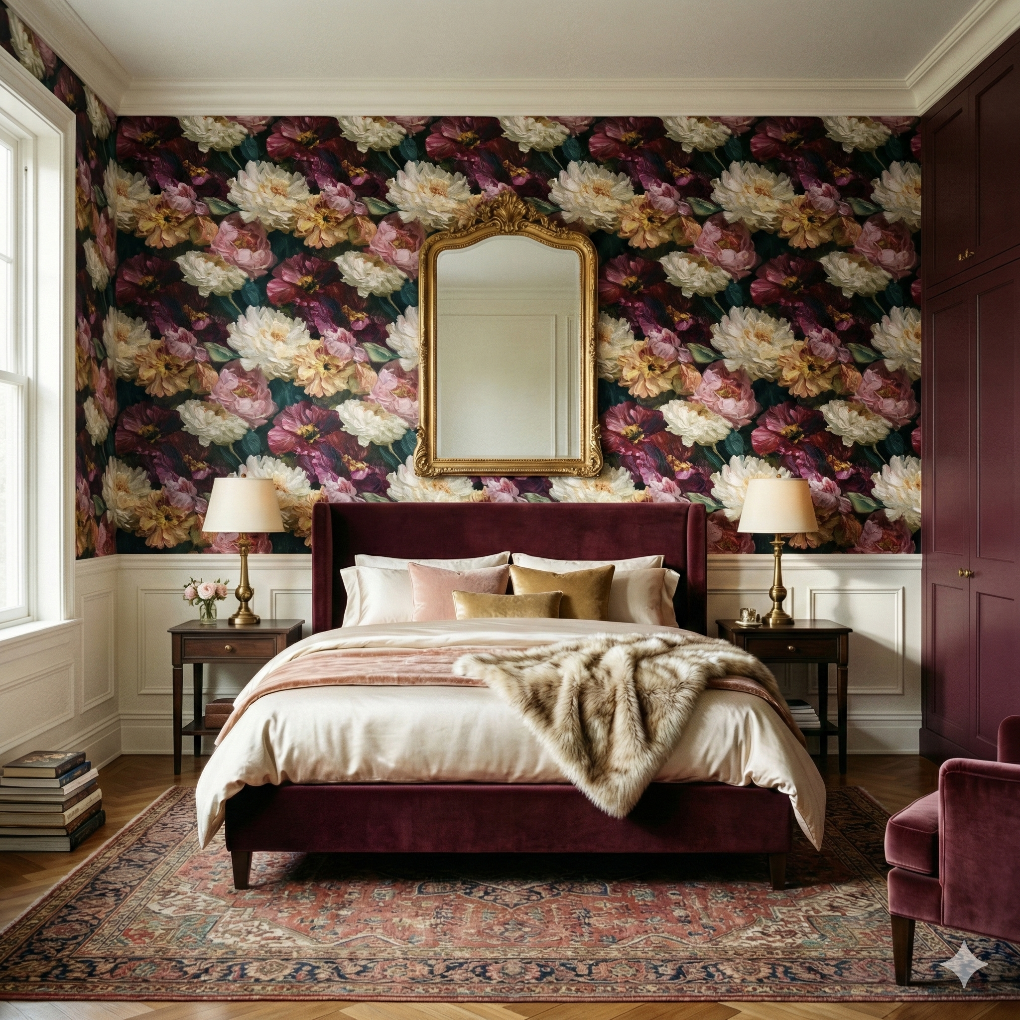 Floral wallpaper with oil painting effect featuring peonies and roses on a dark backdrop.