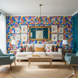Colorful Orbit Theory Wallpaper featuring geometric shapes and patterns, styled within a lively interior.
