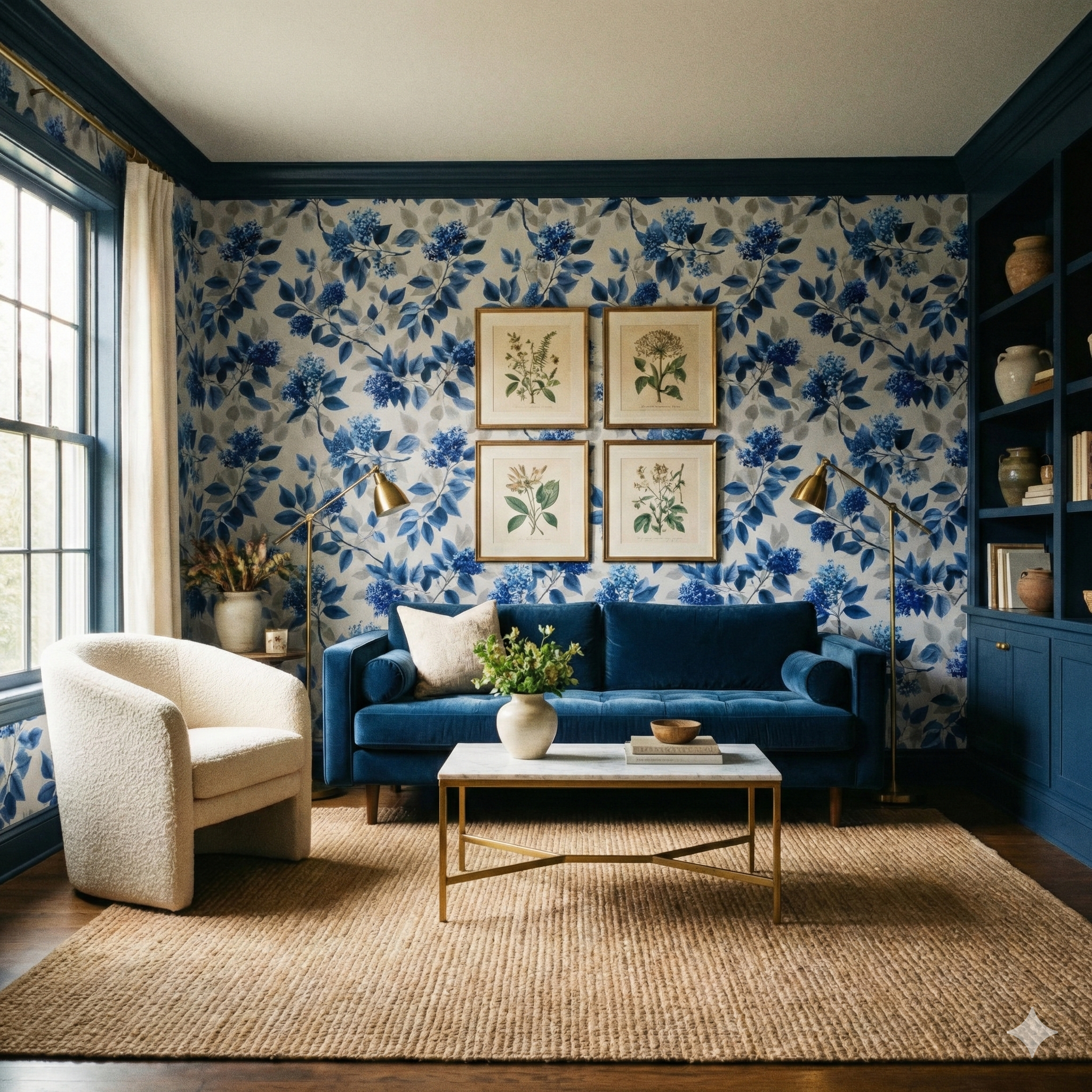 Ashcombe blue wallpaper with a floral pattern on the wall behind a blue velvet sofa.
