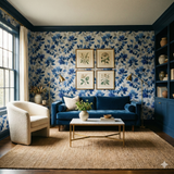 Ashcombe blue wallpaper with a floral pattern on the wall behind a blue velvet sofa.
