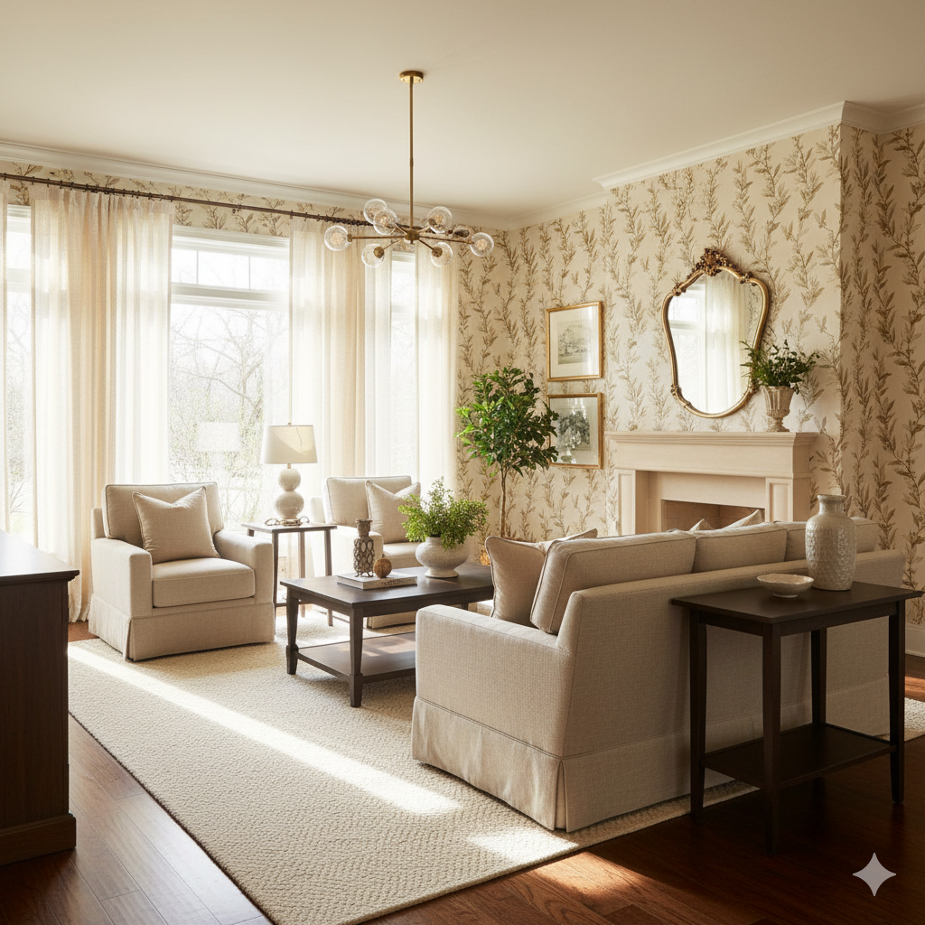 Olive Trails wallpaper featuring a repeating leaf pattern in a living room setting.