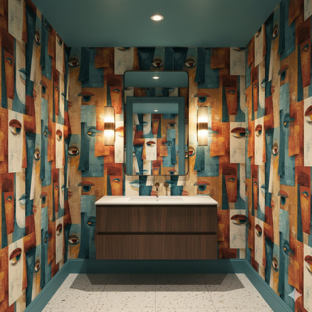 Vesper Faces Wallpaper with abstract face pattern in shades of teal, rust, and cream.
