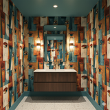 Vesper Faces Wallpaper with abstract face pattern in shades of teal, rust, and cream.
