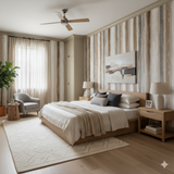 Vertical striped Canyon Wash wallpaper from York Wallcoverings featuring beige, brown, and gray tones in a bedroom setting.