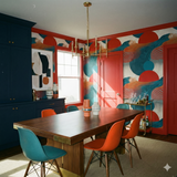 Mesa Drift wallpaper with red, blue, and tan circular pattern, styled in a dining room with a wood table.
