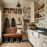 Biscuit Reverie Wallpaper with a botanical and beagle pattern, covering the mudroom walls.