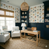 Lowcountry Palms wallpaper with palm tree pattern over dark blue wainscoting.
