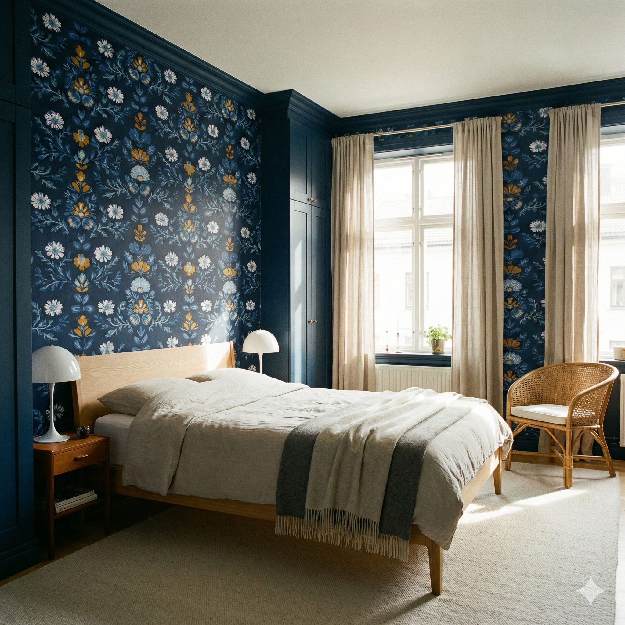 Floral wallpaper by Sandberg with a botanical bloom pattern in navy, white, and gold.
