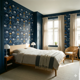 Floral wallpaper by Sandberg with a botanical bloom pattern in navy, white, and gold.
