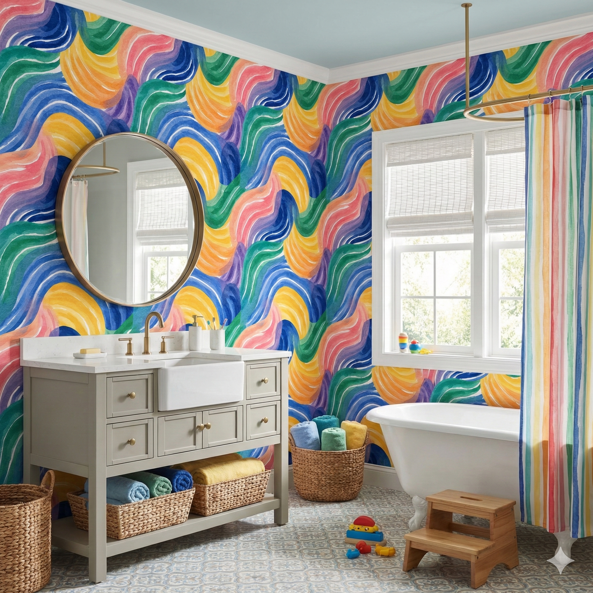 Aquarelle Oasis Wallpaper featuring a colorful watercolor wave pattern design.
