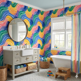 Aquarelle Oasis Wallpaper featuring a colorful watercolor wave pattern design.
