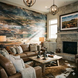 Permian Patchwork Wallpaper with a textured, abstract industrial landscape, visible in a living room setting.