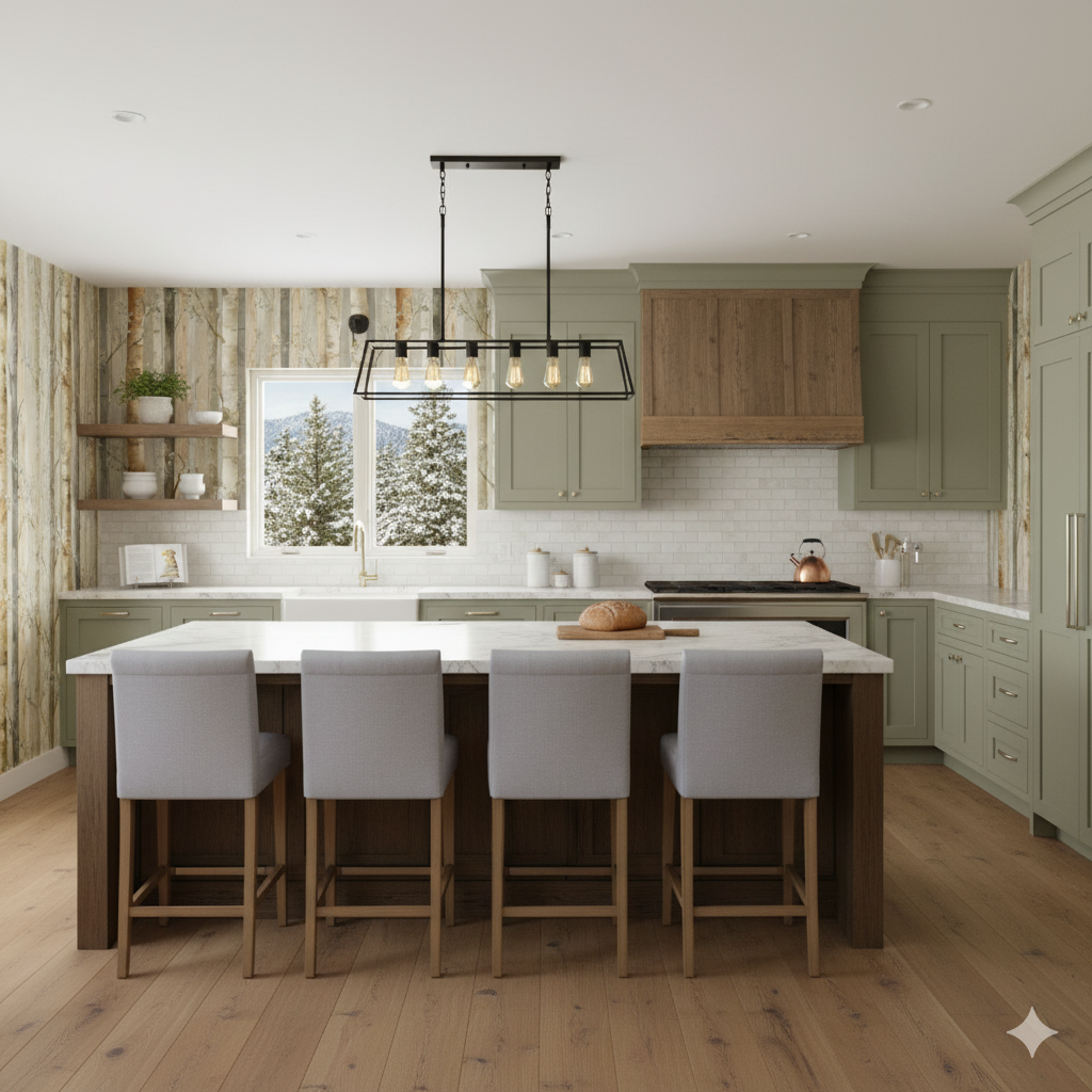 Aspen Vale Wallpaper with forest tree pattern on a kitchen wall.