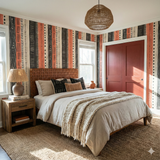 Coral ledger wallpaper with patterned vertical stripes, textured surface and ethnic style.
