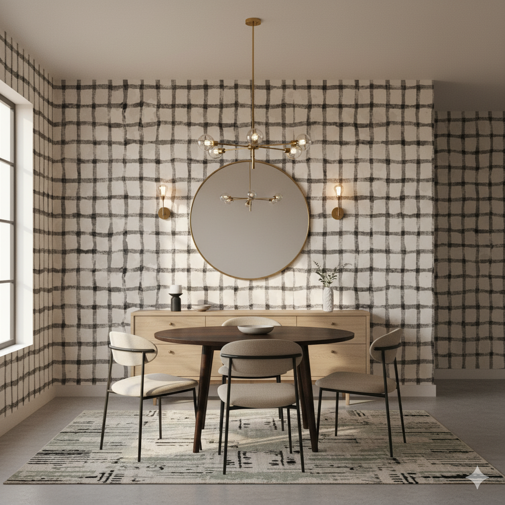 Quarry Grid wallpaper with a black and white checked pattern and textured appearance.
