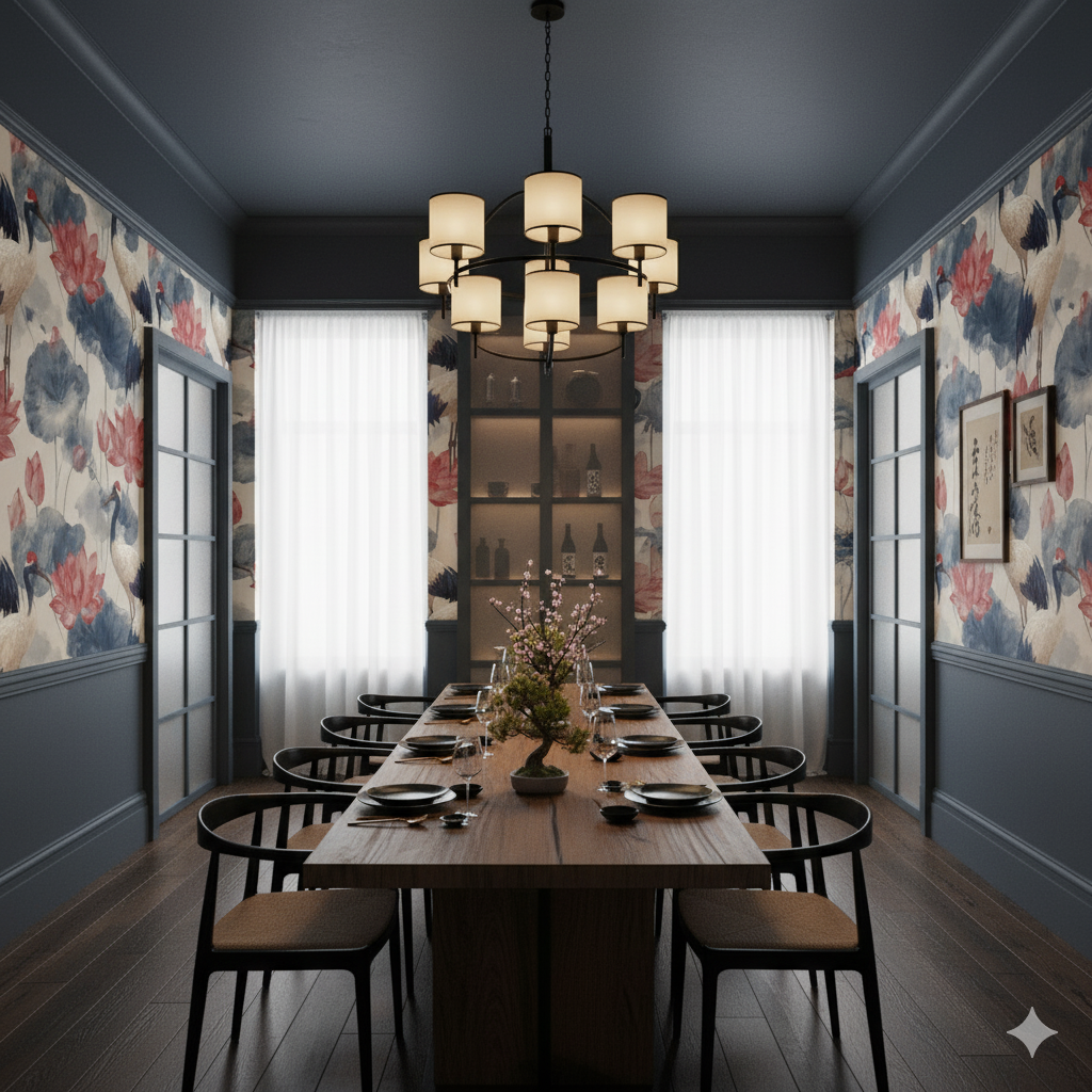 Red Lotus Court Wallpaper featuring a floral and avian motif, accenting the dining room space.