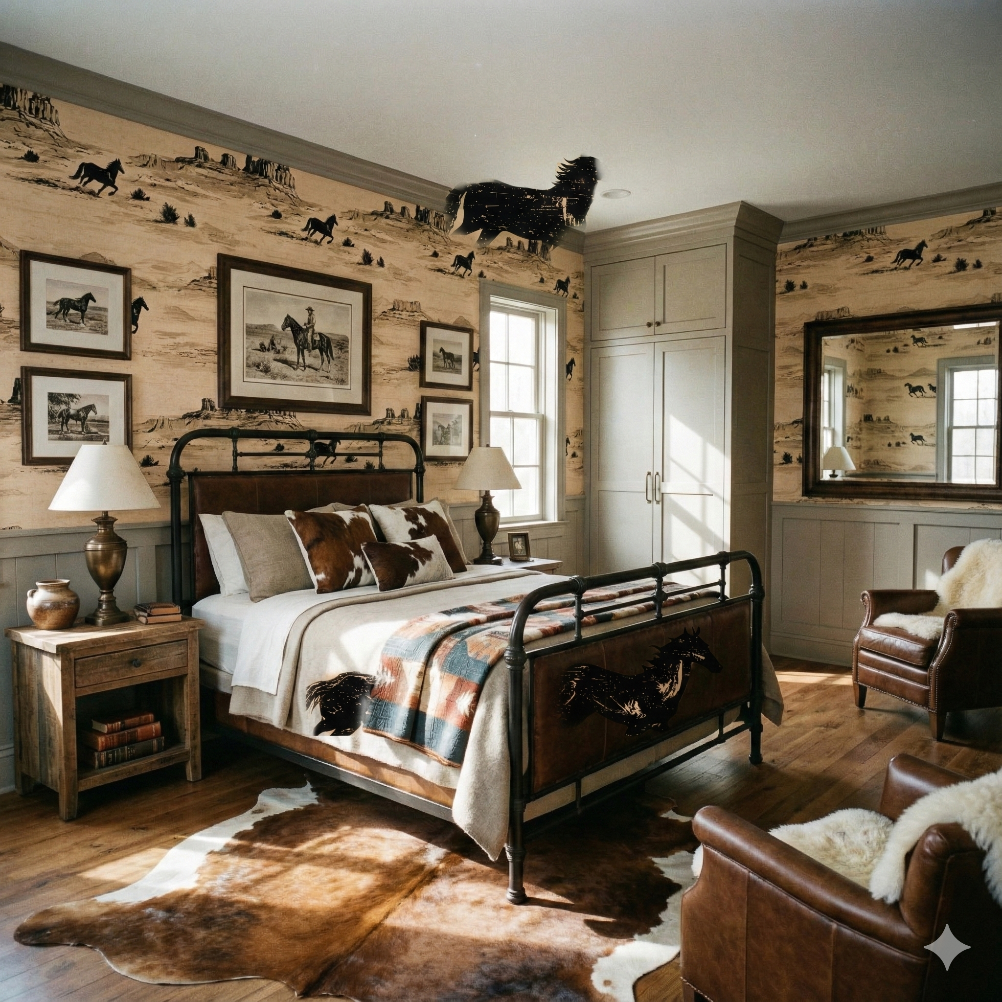 Stampede at Sage Flats Wallpaper featuring a western theme with running horses in a desert landscape.