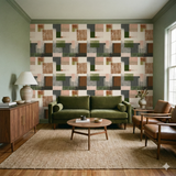 Geometric square block wallpaper with rust, green, and gray pattern on a cream background.
