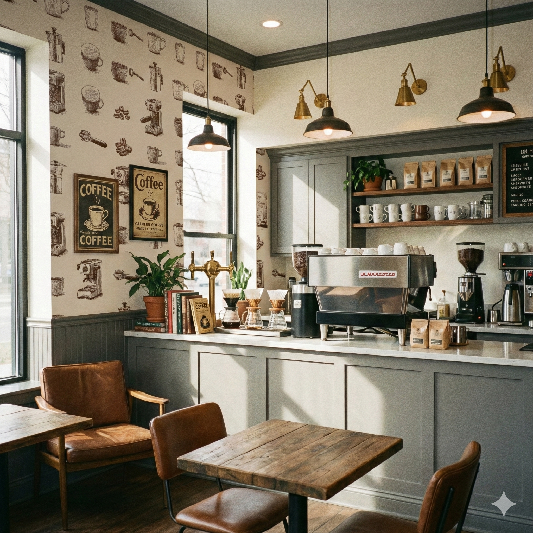 Coffee-themed wallpaper with sketches, featuring coffee machines and cups, with vintage-style coffee shop decor.
