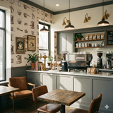 Coffee-themed wallpaper with sketches, featuring coffee machines and cups, with vintage-style coffee shop decor.
